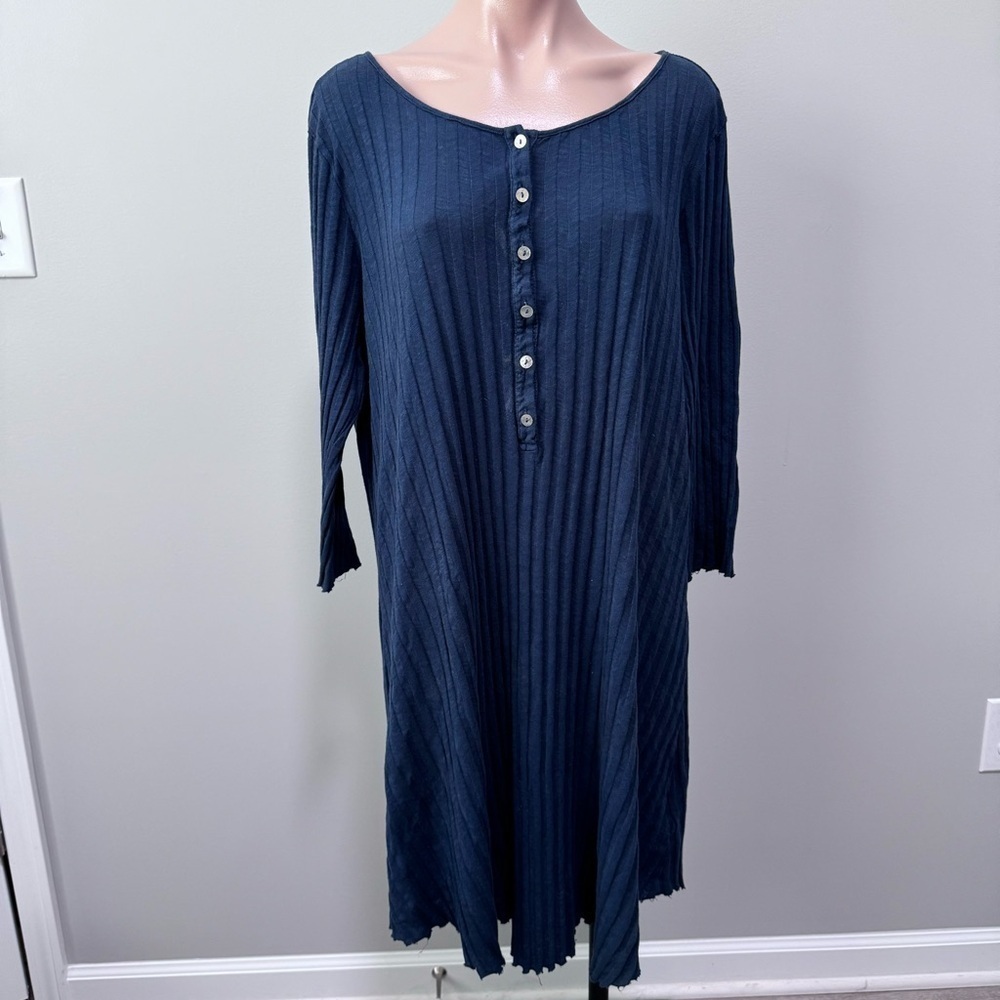 FP Beach Free People Navy Blue Long Sleeve Dress Large Ribbed Buttons